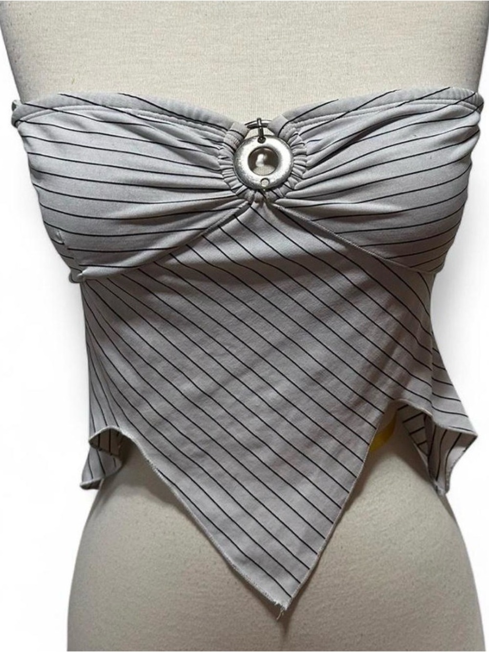 Striped Gray Bandeau Handkerchief Hem Crop Top with Center Ring